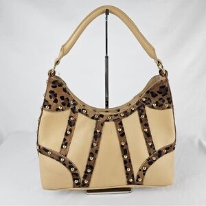 Genuine Leather Tan and Animal Print Hobo Style Shoulder Purse